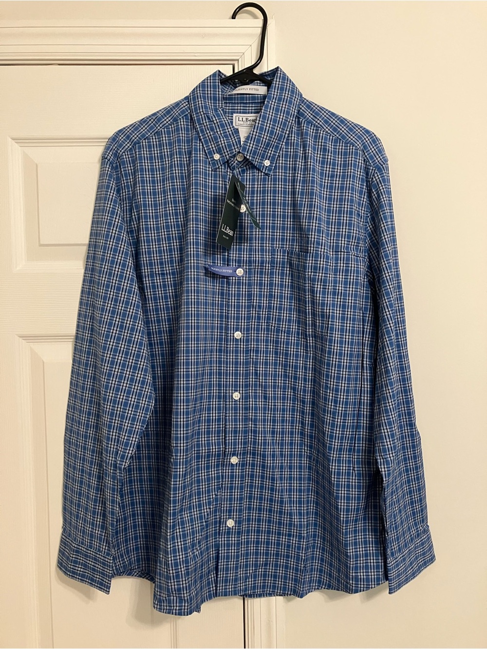 NWT L.L.Bean Comfort Stretch Performance Shirt Marine Blue Plaid Slightly Fitted